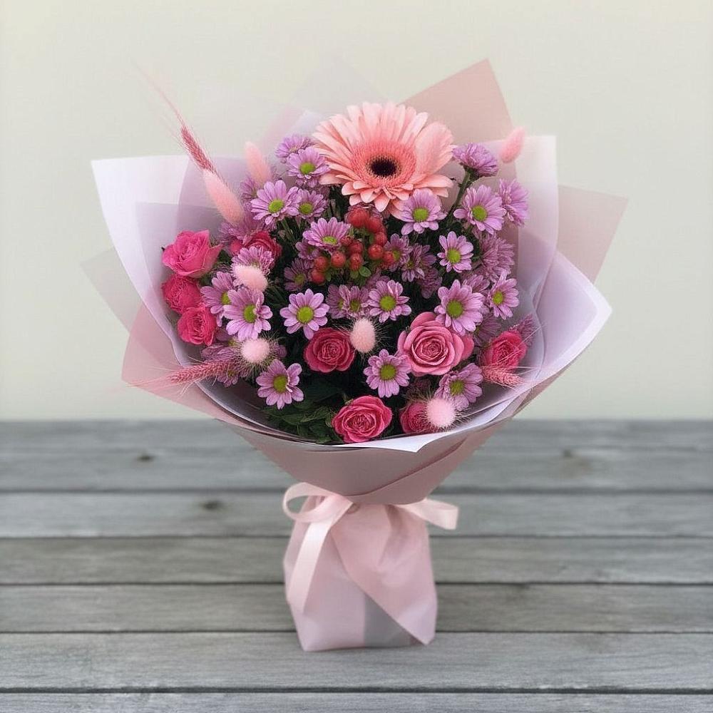 Букет цветов из: Розы, Герберы и Хризантемы в Комсомольске Кемеровской области