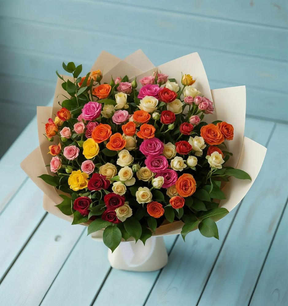 Букет Микс из разноцветных кустовых роз в Комсомольске Кемеровской области