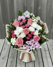Букет цветов из:  Альстромерии, Гвоздики, Розы и Хризантемы в Комсомольске Кемеровской области