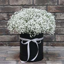 Цветочная композиция из Гипсофила в шляпной коробке в Комсомольске Кемеровской области