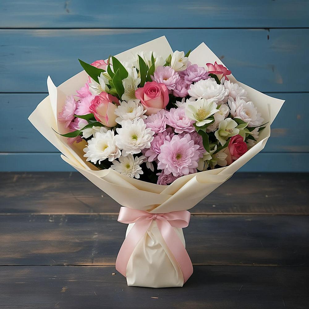 Букет цветов из: Хризантемы, Альстромерии и Розы в Комсомольске Кемеровской области